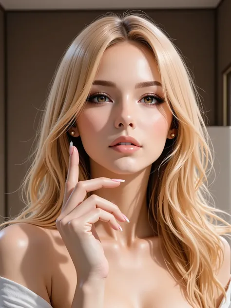 An enchanting solo woman in her 30s, depicted in a sophisticated realistic style. She has lustrous, long golden-blonde hair flowing elegantly. She wears alluring, refined makeup with defined eyes and glossy nude-pink lips. She has natural and correct anato...