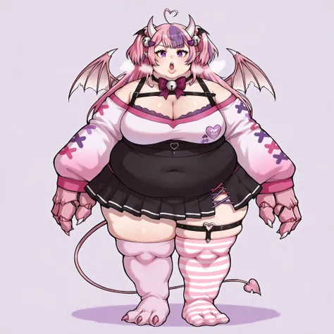 <lora:Ironmouse_XLPD:1>, IronmouseDefS2, purple eyes, demon horns, demon girl, demon tail, demon wings, heart hair ornament, heart ahoge, twintails, bangs, two side up, long hair, shirt, black skirt, bow, cleavage, bell, jingle bell, off shoulder, asymmetr...