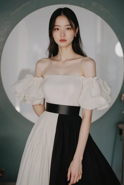 High-End Fashion Photos of Asian Models Wearing Specially Designed Black and White Dresses, tight waist shows proportion, flowing long skirt, sexy pose, Realistic sharp face, pastel finish background, Highlight Textures and Textures