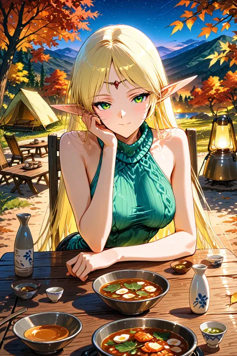 Deedlit, pointy ears, elf, blonde hair, green eyes,1girl, solo, camp, outdoors, autumn night, pov across table, looking at viewer, sake, tokkuri, choko (cup), virgin killer sweater, ribbed sweater, tight pants, skinny jeans, large breasts, serene smile, so...