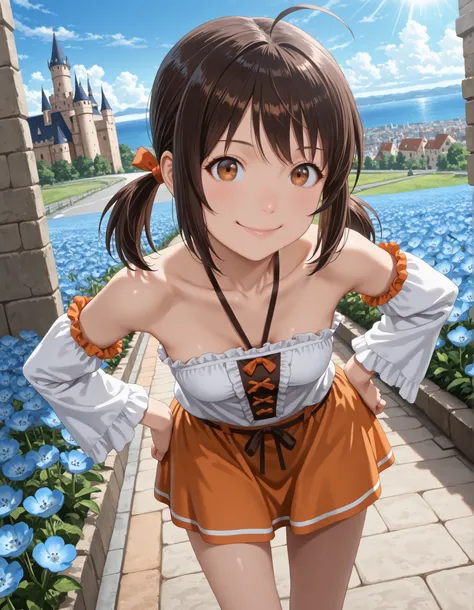 (1girl, solo:1.3),hand on own hips, masterpiece,best quality,amazing quality, (((1girl, solo,suzu taniguchi, brown hair, black hair, twintails, brown eyes, ahoge, anime screencap bare shoulders, collarbone, frills, detached sleeves, orange skirt, miniskirt...