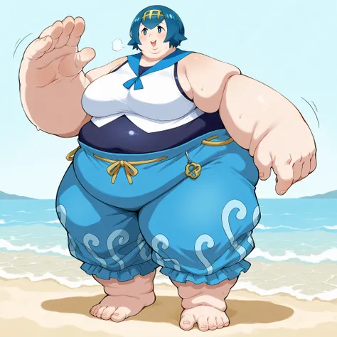 score_6_up, solo, 1lana1, blue hair, short hair, blue eyes, 2default2, yellow hairband, swimsuit under clothes, white shirt, sleeveless shirt, sailor collar, blue pants, baggy pants, cowboy shot, smile, beach, wave pattern pants, big breasts open mouth, ou...
