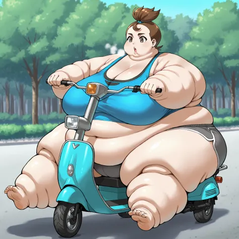 1girl, verity, very short hair, top knot, brown eyes, tank top, midriff, dolphin shorts, sitting on mobility scooter, using mobility scooter, fat, chubby, obese, fat neck, multiple chins, big breasts open mouth, out of breath, Larger female, full body shot...
