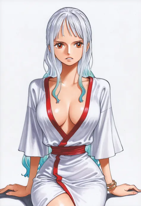 girl ,yamato (one piece), (aged up:1.2) , jewelry, breasts, white hair, long hair ,detailed orange eyes, looking at viewer, bracelet, (medium chest), white background, simple background , traditional media, (slim body, slim arms,),narrow waist, parted lips...