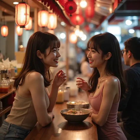 Two top Japanese female idols on a date at a food stall、Inside a night market、An intimate conversation amidst rising steam from oden、Laughing and toasting、Wearing casual, tight-fitting knit dresses、The warm light of the red noren and lanterns of a food sta...