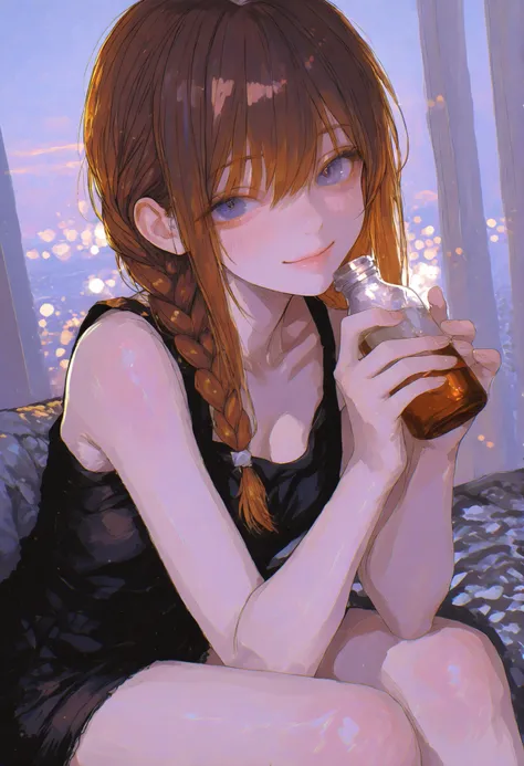 Robber Candy、I'm holding a bottle containing candy with both hands,((Beautiful girl))、Candy Aimer々、brown hair,shortcut,unkempt hair,Short braided hair,Neat,slender beauty,correct attitude,small breasted,beautiful legs,Her enchanting gray-blue eyes are shin...