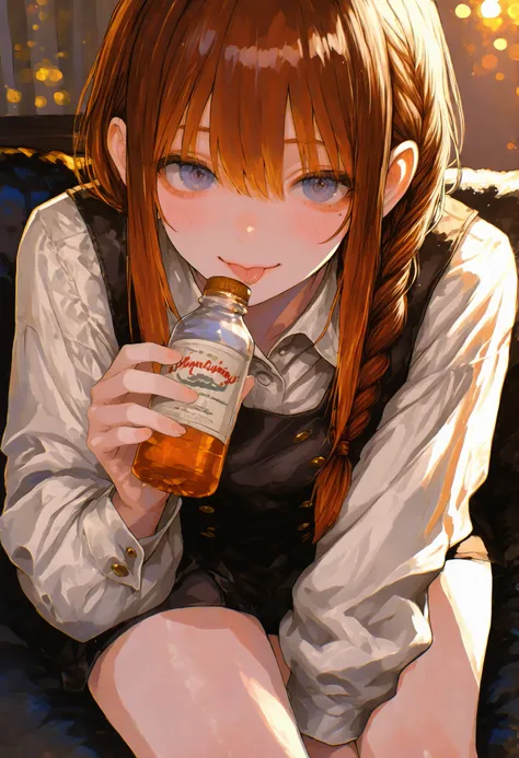 Robber Candy、I'm holding a bottle containing candy with both hands,((Beautiful girl))、Candy Aimer々、brown hair,shortcut,unkempt hair,Short braided hair,Neat,slender beauty,correct attitude,small breasted,beautiful legs,Her enchanting gray-blue eyes are shin...