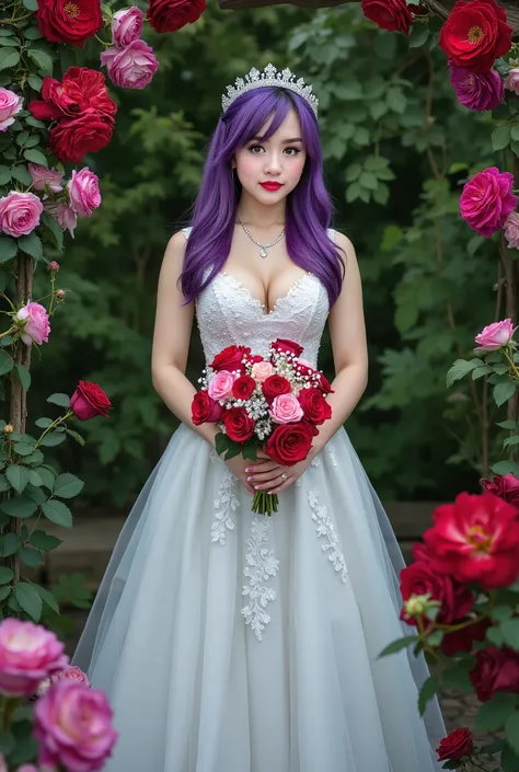 A beautifully detailed 、High quality、Very high resolution、 Clear subject 、Excellent depth of field、Dynamic light、Vivid masterpiece from a shooting angle。A girl with purple hair,bouquet in hand,has fair skin,wears a long white wedding dress,Wear knee-lengt...