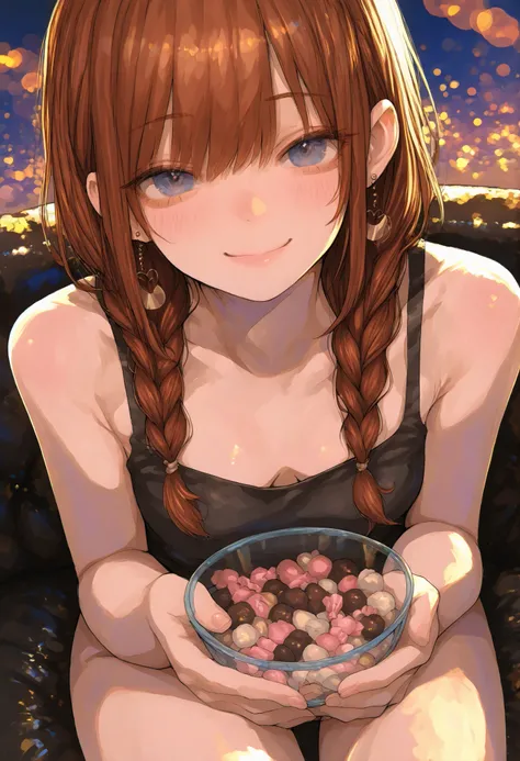 Robber Candy、candy in a transparent bowl,Holding a vessel with both hands,((Beautiful girl))、Candy Aimer々、brown hair,shortcut,unkempt hair,Short braided hair,Neat,slender beauty,correct attitude,small breasted,beautiful legs,Her enchanting gray-blue eyes a...