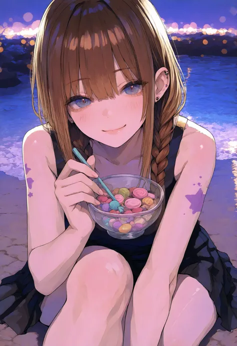 Robber Candy、candy in a transparent bowl,Holding a vessel with both hands,((Beautiful girl))、Colorful Candy,Candy Aimer々、brown hair,shortcut,unkempt hair,Short braided hair,Neat,slender beauty,correct attitude,small breasted,beautiful legs,Her enchanting g...