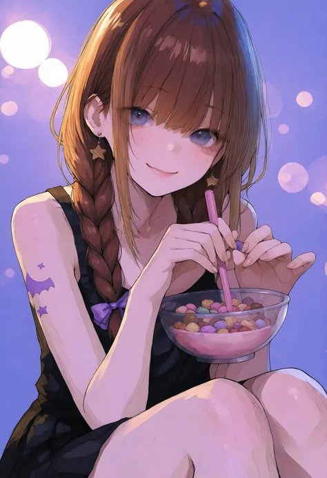 Robber Candy、candy in a transparent bowl,Holding a vessel with both hands,((Beautiful girl))、Colorful Candy,Candy Aimer々、brown hair,shortcut,unkempt hair,Short braided hair,Neat,slender beauty,correct attitude,small breasted,beautiful legs,Her enchanting g...