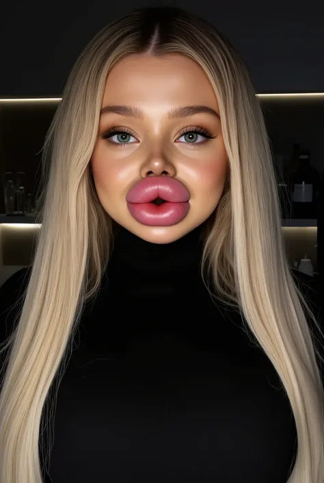 Ultra-realistic front view portrait of a super cute young woman in her 20s with platinum blonde hair with black roots. She has a puffy face and long eyelashes. Her facial features are huge fake round bimbo lips, glossy and overfilled, and she has round che...