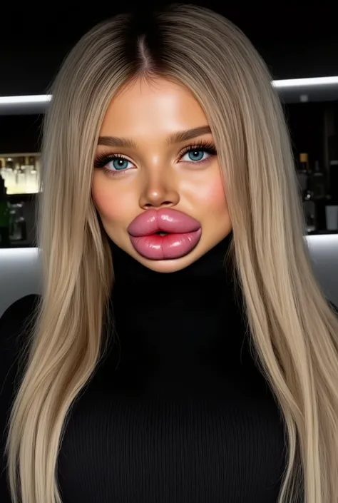 Ultra-realistic front view portrait of a super cute young woman in her 20s with platinum blonde hair with black roots. She has a puffy face and long eyelashes. Her facial features are huge fake round bimbo lips, glossy and overfilled, and she has round che...