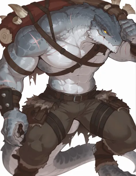 masterpiece, best quality, amazing quality, very aesthetic, absurdres, newest, scenery, extreme detail, 8k, dnd, anthro lizard, detailed eyes, yellow eyes, lizardfolk, male, scalie, hunk, gray body, strong hands, black back, solo, bara, detailed skin, scar...