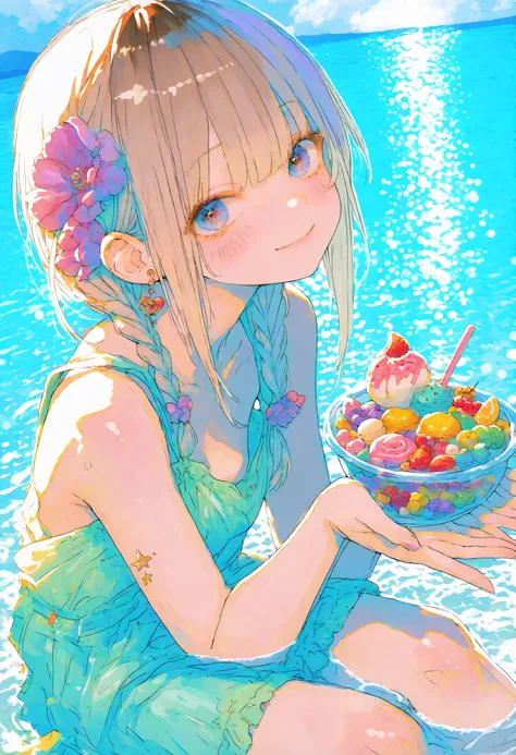 Robber Candy、((from above:1.2)),candy in a transparent bowl,Holding a vessel with both hands,((Beautiful girl))、Colorful Candy,Candy Aimer々、brown hair,shortcut,unkempt hair,Short braided hair,Neat,slender beauty,correct attitude,small breasted,beautiful le...