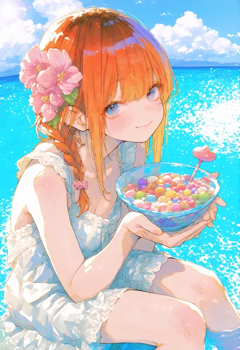 Robber Candy、((from above:1.2)),candy in a transparent bowl,Holding a vessel with both hands,((Beautiful girl))、Colorful Candy,Candy Aimer々、brown hair,shortcut,unkempt hair,Short braided hair,Neat,slender beauty,correct attitude,small breasted,beautiful le...