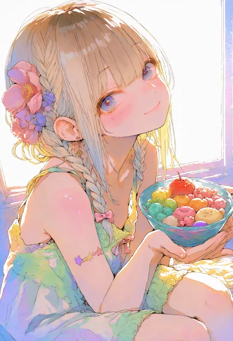 Robber Candy、((from above:1.2)),candy in a transparent bowl,Holding a vessel with both hands,((Beautiful girl))、Colorful Candy,Candy Aimer々、brown hair,shortcut,unkempt hair,Short braided hair,Neat,slender beauty,correct attitude,small breasted,beautiful le...
