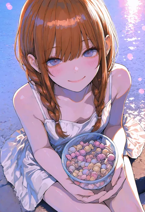 Robber Candy、((from above:1.2)),candy in a transparent bowl,Holding a vessel with both hands,((Beautiful girl))、Colorful Candy,Candy Aimer々、brown hair,shortcut,unkempt hair,Short braided hair,Neat,slender beauty,correct attitude,small breasted,beautiful le...