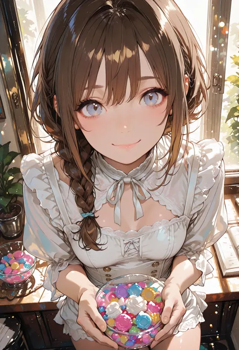 Robber Candy、((from above:1.2)),candy in a transparent bowl，Holding a vessel with both hands,((Beautiful girl))、Colorful Candy，Candy Aimer々、brown hair，shortcut，unkempt hair，Short braided hair，Neat，slender beauty，correct attitude，small breasted，beautiful le...