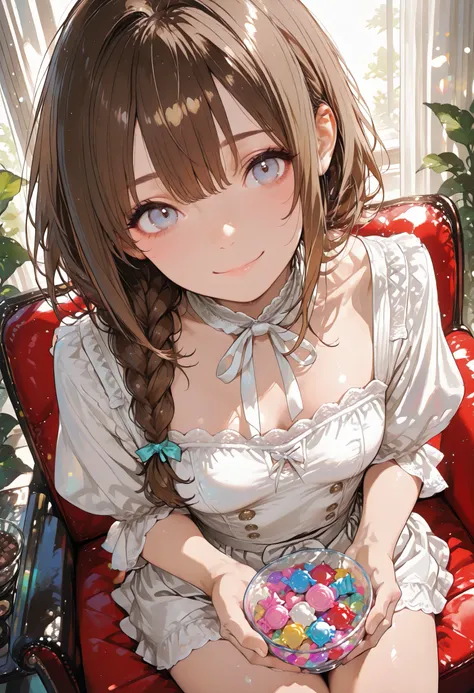 Robber Candy、((from above:1.2)),candy in a transparent bowl，Holding a vessel with both hands,((Beautiful girl))、Colorful Candy，Candy Aimer々、brown hair，shortcut，unkempt hair，Short braided hair，Neat，slender beauty，correct attitude，small breasted，beautiful le...