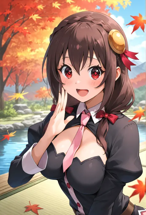 Yunyun konosuba,Crimson Eyes、blush、happy、Open His Mouth、 Mountain of Autumn Leaves in the distance、river flows on tatami mat、Highest Quality、side view、Stunning、autumn leaves dance、move、See viewer