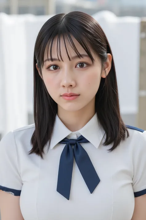 white sailor uniform, This photo captures a beautiful Japanese woman. 
The image is very high resolution, with clear skin texture.
The focus is very sharp and focused on her face.
This is an ultra-high resolution image.
She is facing forward. 
Natural make...