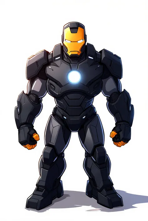 Ironman wearing a bulky black titanium armor with yellow faceplate and yellow fingers, heavy, mechanical, thick metal plates on legs and arms, glowing chest core, 2D cartoon style, cinematic depth, moody lighting, white background, The lighting is cinemati...