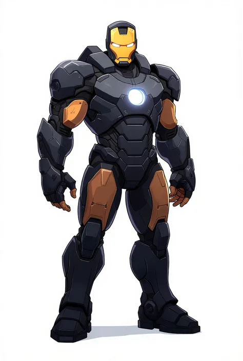 Ironman wearing a bulky black titanium armor with yellow faceplate and yellow fingers, heavy, mechanical, thick metal plates on legs and arms, glowing chest core, 2D cartoon style, cinematic depth, moody lighting, white background, The lighting is cinemati...