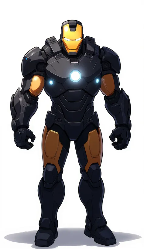 Ironman wearing a bulky black titanium armor with yellow faceplate and yellow fingers, heavy, mechanical, thick metal plates on legs and arms, glowing chest core, 2D cartoon style, cinematic depth, moody lighting, white background, The lighting is cinemati...