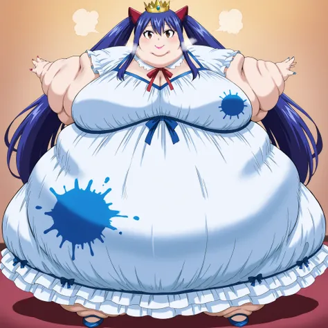 wendy marvell, long hair, hair ornament, ribbon, hair between eyes, twintails, brown eyes, very long hair, blue hair, smile, royalty, dress, crown, makeup, lipstick, painted nails, fat, chubby, obese, fat neck, multiple chins, big breast, out of breath, La...