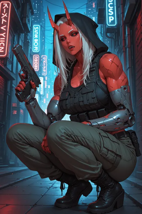 safe_pos, score_9, score_8_up, score_7_up (zPDXL3)  Stable_Yogis_PDXL_Positives,  BREAK outside, city_street, night, cyberpunk, Neon_lights

1MILF, mature woman, solo, tall, (red_skin_tone:1.3), Cybernetic_Oni_horns, (Mechanical_arms:1.3), Cybernetic_body,...