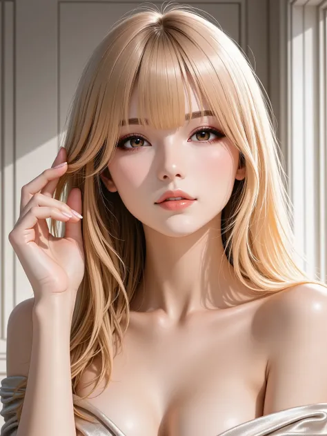 An enchanting solo woman in her 30s, depicted in a sophisticated realistic style. She has lustrous, long golden-blonde hair flowing elegantly with bangs. She wears alluring, refined makeup with defined eyes and glossy nude-pink lips. She has natural and co...