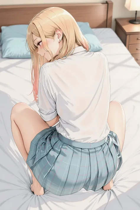 1 Girl, bedroom background:1.4, solo, ((Blush:1.4, smile)), marin kitagawa, Blonde, Long Hair , ((butt, shirt, Plaid Skirt, thighs, Beautiful skin:1.2)), 4 fingers, ((from behind, squat down, from above:1.4)), bed, sheets, cushions, bedの上の風景, Notice the l...