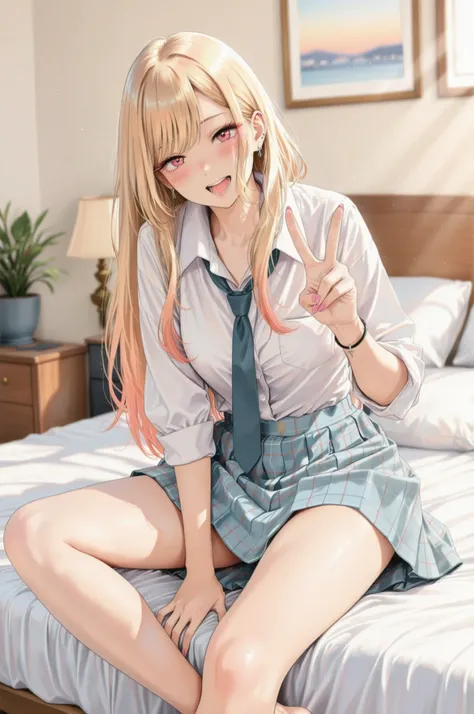 1 Girl, bedroom background:1.4, solo, ((Blush:1.4, open my mouth slightly )), marin kitagawa, Blonde, Long Hair , ((shirt, necktie, Plaid Skirt, thighs, Beautiful skin:1.2)), 4 fingers, ((Cross-legged, v:1.4)), bed, sheets, cushions, bedの上の風景, Notice the...