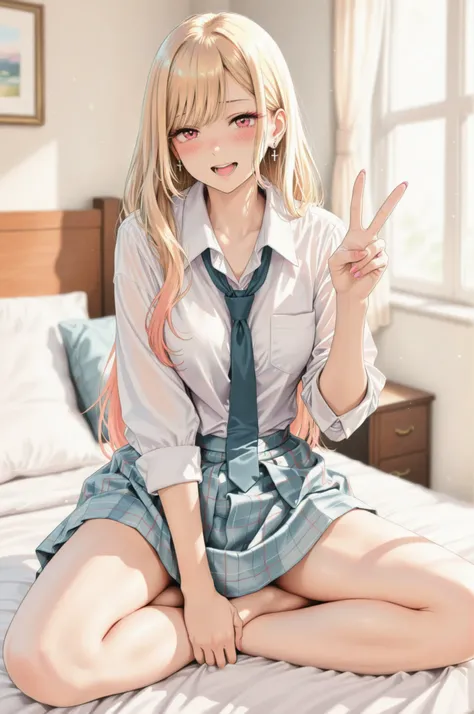 1 Girl, bedroom background:1.4, solo, ((Blush:1.4, open my mouth slightly )), marin kitagawa, Blonde, Long Hair , ((shirt, necktie, Plaid Skirt, thighs, Beautiful skin:1.2)), 4 fingers, ((Cross-legged, v:1.4)), bed, sheets, cushions, bedの上の風景, Notice the...