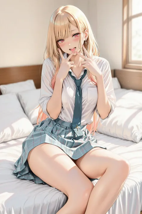 1 Girl, bedroom background:1.4, solo, ((Blush:1.4, open my mouth slightly )), marin kitagawa, Blonde, Long Hair , ((shirt, necktie, Plaid Skirt, thighs, Beautiful skin:1.2)), 4 fingers, ((Cross-legged, v:1.4)), bed, sheets, cushions, bedの上の風景, Notice the...