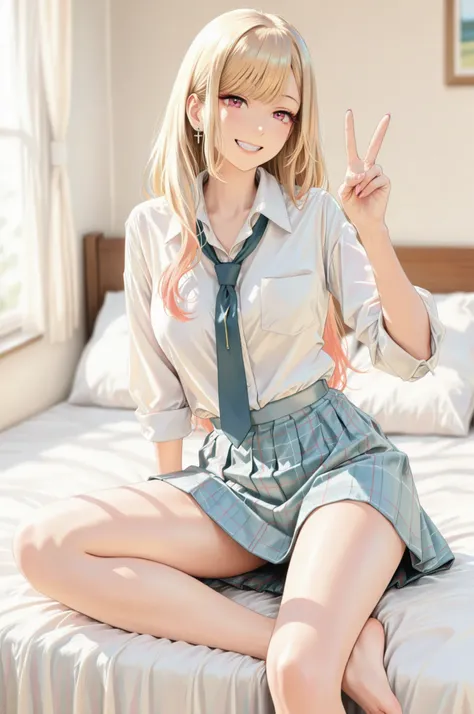 1 Girl, bedroom background:1.4, solo, ((smile:1.4, teeth)), marin kitagawa, Blonde, Long Hair , ((shirt, necktie, Plaid Skirt, thighs, Beautiful skin:1.2)), 4 fingers, ((Cross-legged, v:1.4)), bed, sheets, cushions, bedの上の風景, Notice the light and shadow i...