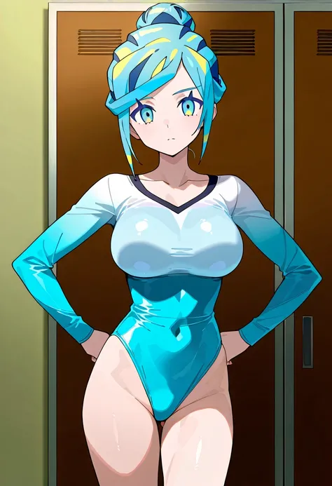 score 9 、score 8 up、score 7 up、傑作、best quality、best resolution、best image quality、anime coloring、anime screencap、anime screenshot、<lora:pokemon_grusha_ponyXL:0.8>、1woman、pokemon grusha、solo、long hair、aqua eyes、ice blue hair、ice green hair、aqua hair、multico...