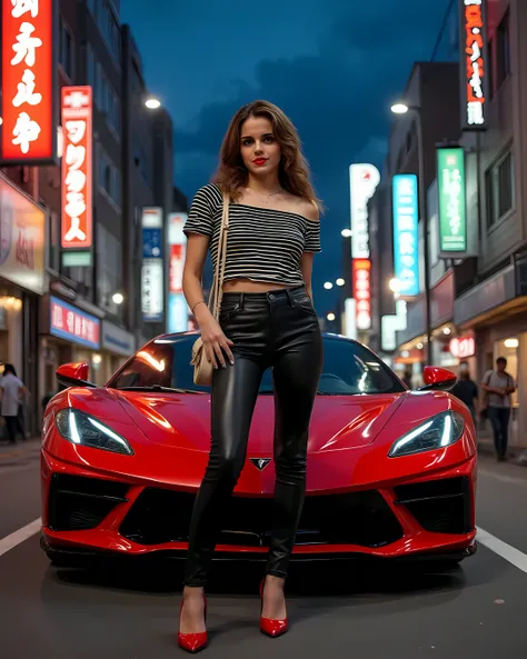 une jeune femme aux cheveux bruns et ondulés se tient en toute confiance devant une élégante voiture de sport rouge, possibly a Chevrolet, parked on a dimly lit urban street. Elle porte un haut rayé horizontalement noir et blanc , laissant apparaître ses é...