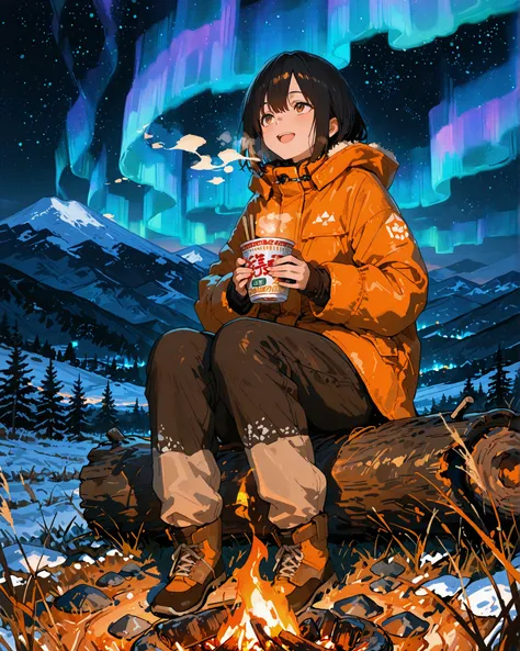 masterpiece, best quality, ultra-detailed, perfect anatomy,
748cmstyle, anime style,
full body, solo, 1girl, short-hair, black hair, brown eyes, smiling, looking up with open mouth, warm orange winter clothes, sitting on log, holding cup ramen, chopsticks,...
