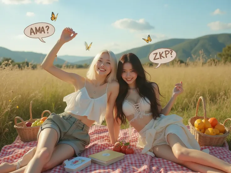 8k hyper-photorealistic cinematic wide shot of two stunning 16-17-year-old Japanese girls lounging on a picnic blanket in a meadow, several feet apart, posing confidently like fashion models, exuding sexy allure, with casual sketchy speech bubbles: main gi...