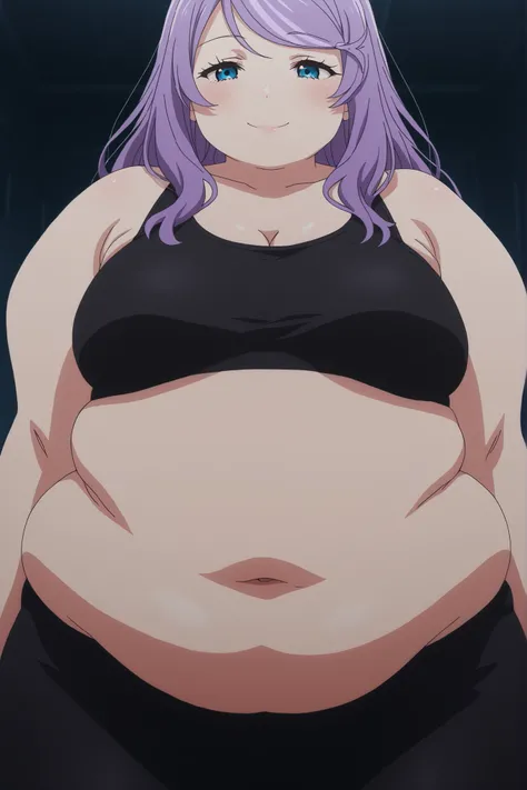 obese,fat,plump,WeightObese,anastasia hoshin, long hair, blue eyes, purple hair, swept bangs, 1girl, anime screencap, black sportbra, black yoga pants, seductive smile