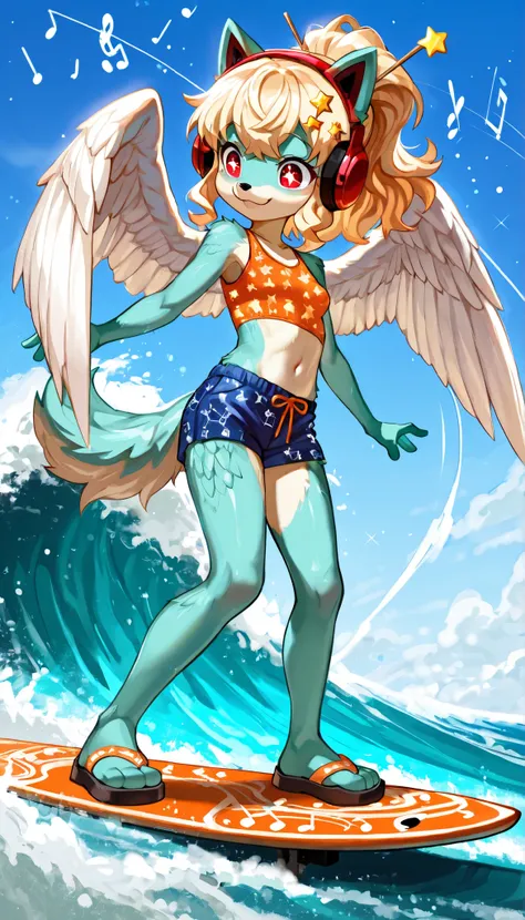 score_9, score_8_up, score_7_up, 1girl, solo, masterpiece, best quality, amazing quality, very aesthetic, absurdres, source furry, young, furry dog, cute hair, long wavy ponytail, wavy bangs, blonde hair, red eyes, sparking pupils, smile, two tone body fur...