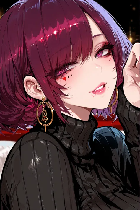 masterpiece, best quality, 1girl, solo, alone, score_9, score_8_up, score_7_up, anime screencap, BREAK 1girl, short purple hair, bob cut with side-swept bangs partially covering one eye, light skin tone, minimal makeup with soft pink lips, purple eyes with...