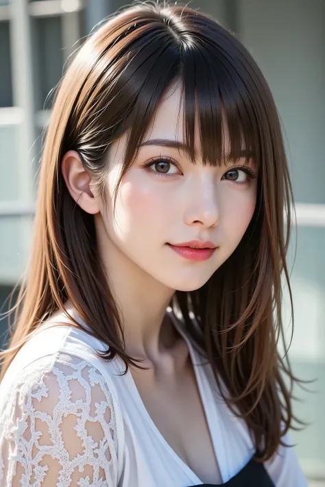 Side angle, close-up face, bust-up shot, office lady, looking at viewer, clear makeup, bangs, in the office, full light, masterpiece