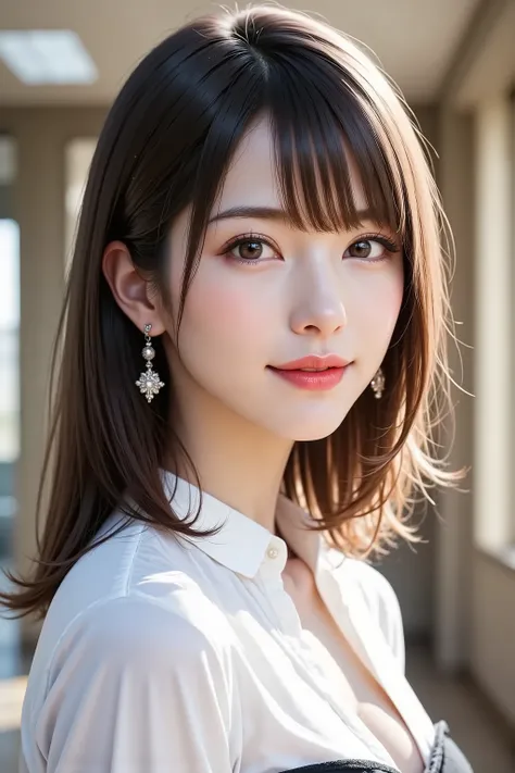 Side angle, close-up face, bust-up shot, office lady, looking at viewer, clear makeup, bangs, in the office, full light, masterpiece