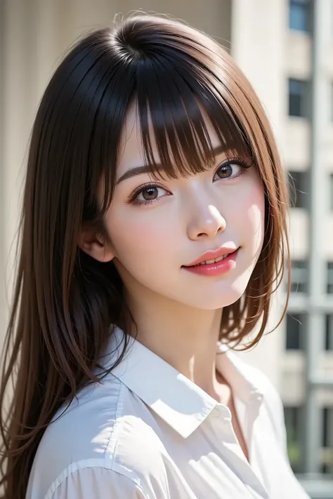 Side angle, close-up face, bust-up shot, office lady, looking at viewer, clear makeup, bangs, in the office, full light, masterpiece