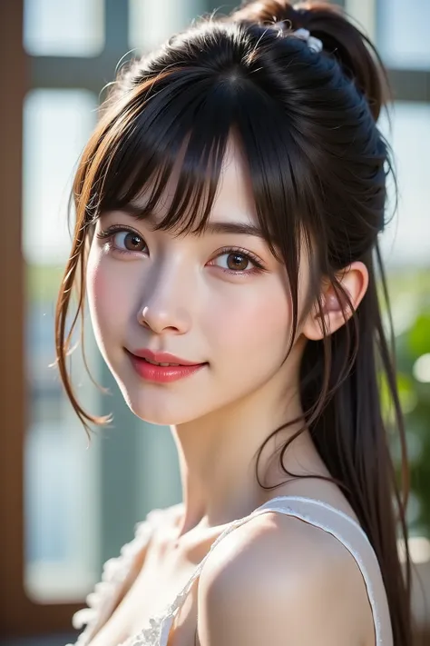 Side angle, close-up face, bust-up shot, office lady, looking at viewer, clear makeup, bangs, in the office, full light, masterpiece