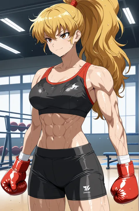 1girl, genryuusai maki, high ponytail, blonde hair, brown eyes,medium breasts, anime screencap, anime coloring,long hair,
muscular,black tight sport bra and black tight sport Elastic shorts,cowboy shot, , wet,gym,
,masterpiece,best quality,amazing quality,...