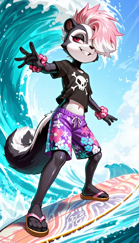 score_9, score_8_up, score_7_up, 1girl, solo, masterpiece, best quality, amazing quality, very aesthetic, absurdres, source furry, young, furry skunk, red eyes, two tone body fur, black body fur, white body fur, mohawk hairstyle, long pointed spiked hair, ...